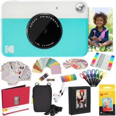 Imagem de KODAK Câmera instantânea Printomatic (azul) tudo em pacote + papel de zinco (20 folhas) + estojo + álbum de fotos + 7 conjuntos de adesivos + marcadores – tesouras e mais