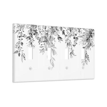 Imagem de Yamxbfa Capa decorativa para interruptor de luz de eucalipto cinza e branco, folha de planta, botânica, flor botânica, 4 buracos, placa de interruptor elétrico para decoração de banheiro