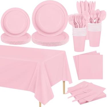 Imagem de Kochorie Conjunto de louça descartável de 169 peças rosa claro inclui pratos e copos, guardanapos, garfos de plástico, facas, colheres, toalha de mesa para decoração de festa de aniversário de