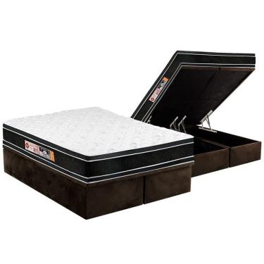 Imagem de Cama Box Baú King: Colchão Espuma Castor D33 Black e White Air Euro Pillow + Base CRC Suede Brown(193x203)