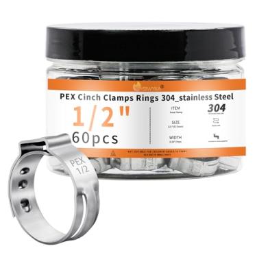 Imagem de WYSIWYKA 60 peças de anéis de fixação PEX de 1/5.1 cm, braçadeiras de mangueira de orelha única de aço inoxidável 304, anéis de crimpagem Pex para conexões de encaixe de tubulação PEX