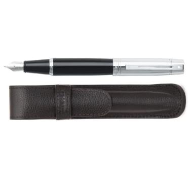 Imagem de Sheaffer Caneta-tinteiro preta brilhante 300 com tampa cromada brilhante, acabamento cromado e bolsa combinando para presente (fonte, ponta média)