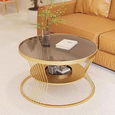 Imagem de Mesa de centro moderna com moldura de metal, linda mesa de centro redonda de vidro com prateleiras para espaços pequenos, mesas de coquetel para sala de estar