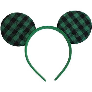 Imagem de CLGIFT Mickey Ears para meninos, faixa de cabeça xadrez verde de Natal flexível para crianças e adultos, perfeita para fãs da Disney, Halloween, fantasia de cosplay, viagens, eventos formais, viagens,