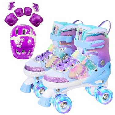 Imagem de Patins Infantil 4 Rodas, Patins Quad, Patins Infantil Menina, Ajustável em 4 Tamanhos, com Bolsa e Kit Proteção (Quad Borboleta + Kit Proteção, G (36 ao 39))