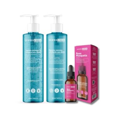 Imagem de Kit Skincare Sabonete + Esfoliante Facial Espuma Cremosa com Aloe Vera e Pró Vitamina B5 240ml+ Sérum Rosa Mosqueta Clareador 30ml-Dermachemm