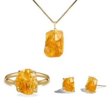 Imagem de Conjunto Natura Citrino - Cristal Natural, Banho Ouro 18k