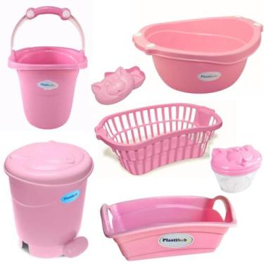 Imagem de Kit 7 peças banho bebe balde bacia lixeira organizador cesto sabonetei