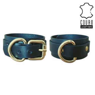 Imagem de Pulseira Couro Legítimo Algemas Ajustável Fantasia Amor Haloween Fivel