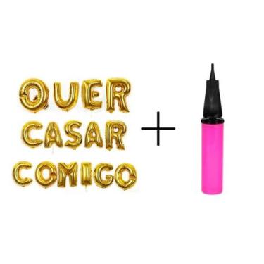 Imagem de Kit Balão Metalizado Dourado 40cm Quer Casar Comigo 15Letras + Bomba P