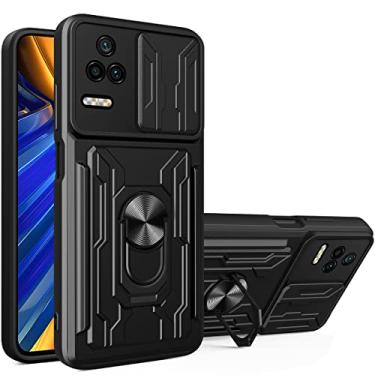 Imagem de CCSmall Capa para Xiaomi Poco F4 com porta-cartões, capa para Redmi K40S com proteção de câmera deslizante capa com suporte magnético integrado para Xiaomi Redmi K40S/Poco F4 LJK preto