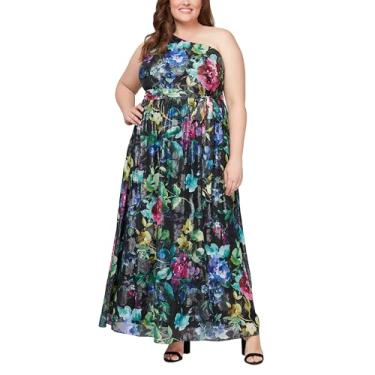 Imagem de S.L. Fashions Vestido longo feminino plus size estampado de um ombro só com cintura amarrada, Blk Multi, 58