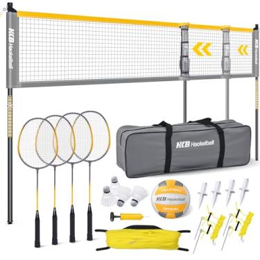 Imagem de Haokelball Conjunto combo de vôlei e badminton – Rede ajustável de 9,8 m 7,9 m de largura e altura para brincar no quintal e ao ar livre, 4 raquetes, 4 petecas, limite, vôlei, bomba e bolsa de