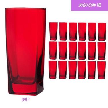 Imagem de Jogo 18 Copos Vidro Bali Quadrado Luxo 320ml Vermelho - Casa Linda