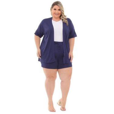 Imagem de Conjunto Kimono e Bermuda Plus size Moda Curvy Plus All Size, Azul, Ma