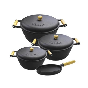 Imagem de Jogo Panela Ferro Alça De Madeira Tampa E Frigideira Nº11