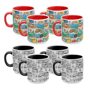 Imagem de Kit 8 Caneca Turma da Mônica Quadrinhos Preto e Colorida - Kathavento