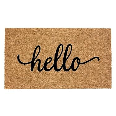 Imagem de IRONGATE Capacho Welcome - Tapete de porta de fibra de coco Hello Coco com armadilha de sujeira antiderrapante - Capacho frontal de baixo perfil - Interior externo durável fácil de limpar área de alto tráfego pátio varanda tapete de porta de entrada - 43 x 76 cm
