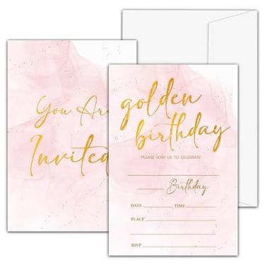 Imagem de valucise Convites de aniversário rosa blush para meninas, convites de festa de aniversário de folha dourada, cartões de convite de preenchimento de aquarela rosa, suprimentos de lembrancinha de festa