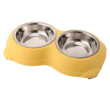 Imagem de Comedouro Inox Duplo Antiderrapante Vmstark Para Cães e Gatos Tigela de Aço Pet Para Ração e Água (Amarelo)
