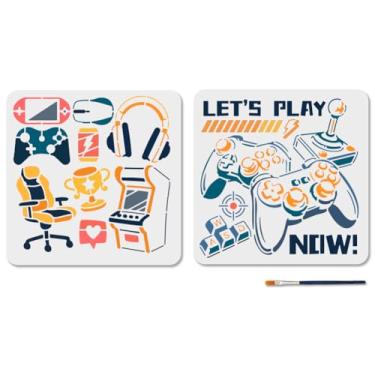 Imagem de MAYJOYDIY 2 peças de estêncil de jogos de entretenimento para pintura, console de jogos PS Machine Trophy Stencil com pincel de tinta, reutilizável, modelo de gamepads para janela de parede de