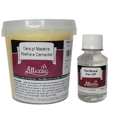 Imagem de Kit Cera Para Madeira de Abelha com Carnaúba 350g + Óleo Mineral Grau USP 100ml Para Tábua de Carne, Tábua de Corte, Móveis, Gamelas, Utensílios de Madeira, Atóxico, Brilho e Proteção - Altezza