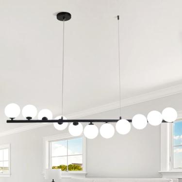Imagem de DELIPUSHI Lustre linear moderno 11 luzes, lâmpada pendente Sputnik moderna preta de meados do século, lustre de globo de vidro branco leite, luminária de teto para sala de estar, sala de jantar,