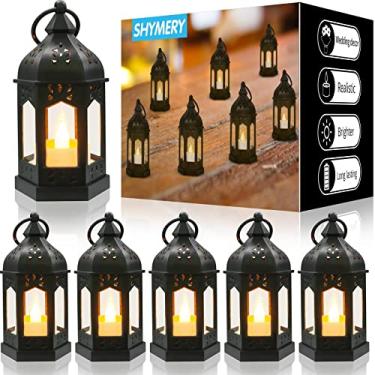 Imagem de SHYMERY Mini Lanterna com Velas Led Cintilantes, Lanternas de Velas Suspensas Decorativas Pretas Vintage para Halloween, Decorações de Casamento, Natal, Peça Central de Mesa, Bateria Incluída (Conjunt