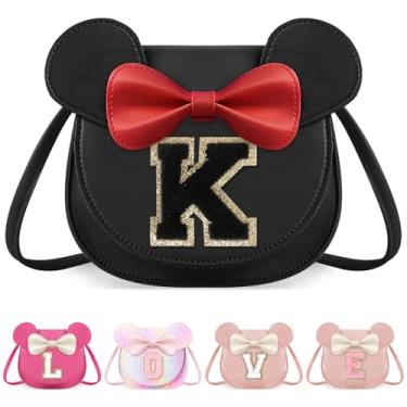 Imagem de izuzta Bolsa infantil para crianças 1 2 3 4 5 6 7 8 anos de idade linda bolsa tiracolo bolsa transversal para presente de aniversário, Grande/bolsa preta/letra preta, K, K
