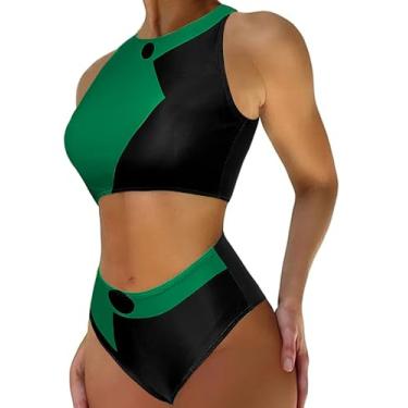 Imagem de EVELUST Traje de banho feminino colorblock Shego – Traje de banho de gola alta, top cropped de cintura alta e parte inferior cosplay conjunto de biquíni (preto verde escuro, P, 10851e)