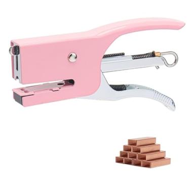 Imagem de XiowDow Grampeador portátil com 1000 peças de ouro rosa nº 10 grampos mini manual de metal rosa portátil minúsculos grampeadores para artesanato, mesa, mesa, material de escritório (rosa)