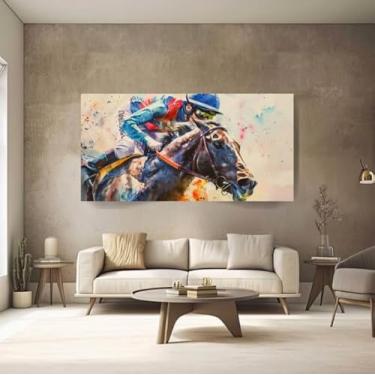 Imagem de Quadros Decorativos para Quarto Hall Cavalo Correndo em Campeonato de Jockey Esporte Escritório Sala Canvas (60x40)