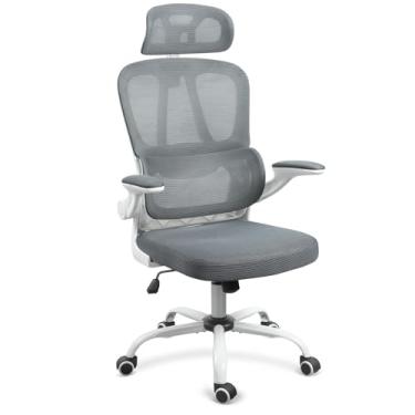 Imagem de ERGOSEAT Cadeira de escritório de malha ergonômica com rodas, cadeira de mesa de encosto alto com encosto de cabeça e suporte lombar confortável, braços dobráveis, cadeira executiva com trava de