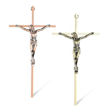Imagem de ACHIBANG Pacote com 2 crucifixo cruz de parede – crucifixo de ouro e cobre católico para parede, crucifixo de metal 25,4 cm decoração para bênção e proteção