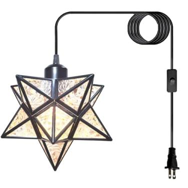Imagem de JLOWCO Luminária Pendente Estilo Estrela Da Morávia Com Plugue, Cabo De 16,5 Pés E Interruptor, Luminária Pendente Preta Moderna De Fazenda Para Ilha De Cozinha, Quarto, Corredor, Varanda, Etc. (Lâm