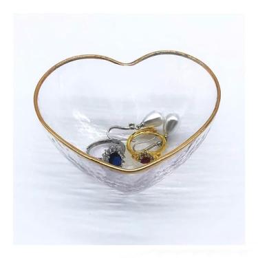 Imagem de BESSKON Bandeja de joias de coração, prato de joias de vidro, suporte de anel de cristal para decoração de criado-mudo, presente de noivado de pequeno anel, prato de joias para anéis, chaves, tigela