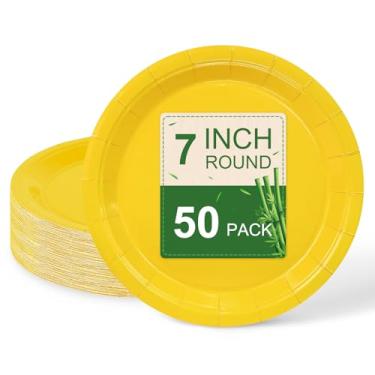 Imagem de LIKAJON 50 pratos de papel amarelos, pratos de sobremesa descartáveis de 17 cm para dia dos namorados, chá de bebê, aniversário, casamento, formatura, piquenique, churrasco, festa