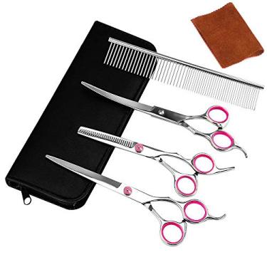 Imagem de Azddur – Conjunto de 4 peças de tesouras para cuidados com cães de aço inoxidável, kit profissional para aparador de animais de estimação – Tesoura de corte reto de 15 cm, Tesoura de esmerilho, Tesoura curvada, Pente de noivo, rosa
