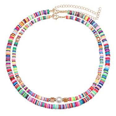 Imagem de YAHPERN Heishi Surfer gargantilha leve arco-íris africana vinil disco contas pérola em camadas colar Boho verão praia surf joia para mulheres meninas