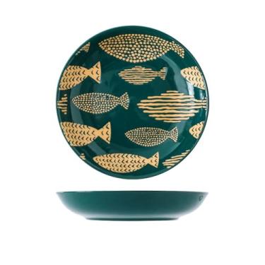 Imagem de Utensílios de mesa de cerâmica de 20 polegadas pintados à mão em estilo japonês, pratos de dim sum, refeições domésticas, pratos redondos - pratos de arroz de 20 cm - verde multi-peixe