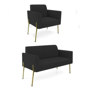 Imagem de Sofá Namoradeira E Poltrona Pé De Ferro Dourado Salão Marisa Veludo Pr