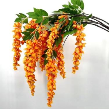 Imagem de Flores artificiais de seda âmbar de 128 cm, 2 ramos, guirlanda floral de glicínia falsa, haste de flor pendurada para decoração de casa, festa, vaso de chão, decoração de arranjos de casamento