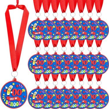 Imagem de Poen 24 medalhas de prêmio Happy 100 Days of School 1,97'' Rubber 100th Day of School Medalhas de 100 dias para prêmios para crianças com fita de 75 cm, suprimentos para sala de aula, festa temática