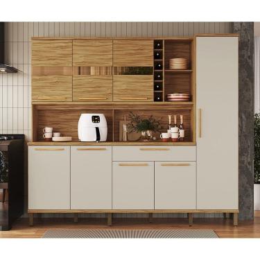 Imagem de Cozinha Compacta 222cm com 8 Portas 1 Gaveta e Mini Adega 100% Mdf Suécia Espresso Móveis Amêndoa/Off White