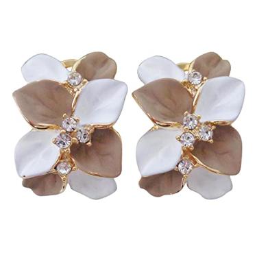 Imagem de Navachi Brincos banhados a ouro 18 k branco cristal branco com folhas de esmalte duplo e costas ômega, Zinco Cristal, Cristal