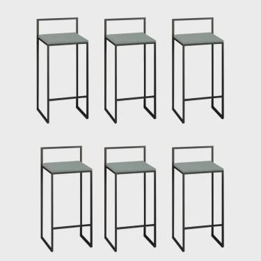 Imagem de Kit 06 Banquetas Alta Com Encosto Lino Industrial Balcão Bistrô Ferro Preto mdf Madeira Verde Oliva - Ahz Móveis