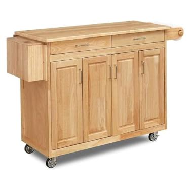 Imagem de Carrinho de Armazenamento Carrinho móvel de cozinha com barra de café da manhã em folha rebatível, 54 polegadas de largura, madeira natural Carrinho de Armazenamento