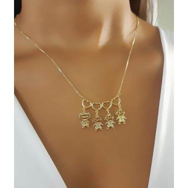 Imagem de Colar 4 Filhos Com Coração Vazado Banhado a Ouro - 1 Menina e 3 Menino