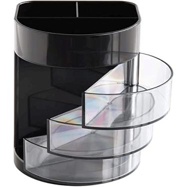 Imagem de Porta-lápis de mesa multifuncional, copo removível de grande capacidade com armazenamento de três camadas, porta-pincéis de maquiagem criativo, artigos de papelaria (preto)