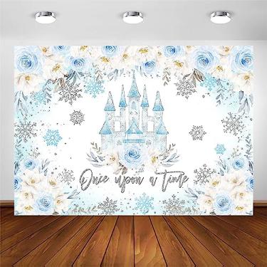 Imagem de Avezano Once Upon A Time Pano de fundo flocos de neve de inverno e tema de princesa do castelo aniversário, chá de bebê, casamento, decoração de festa de chá de panela, faixa de fundo rosa azul para